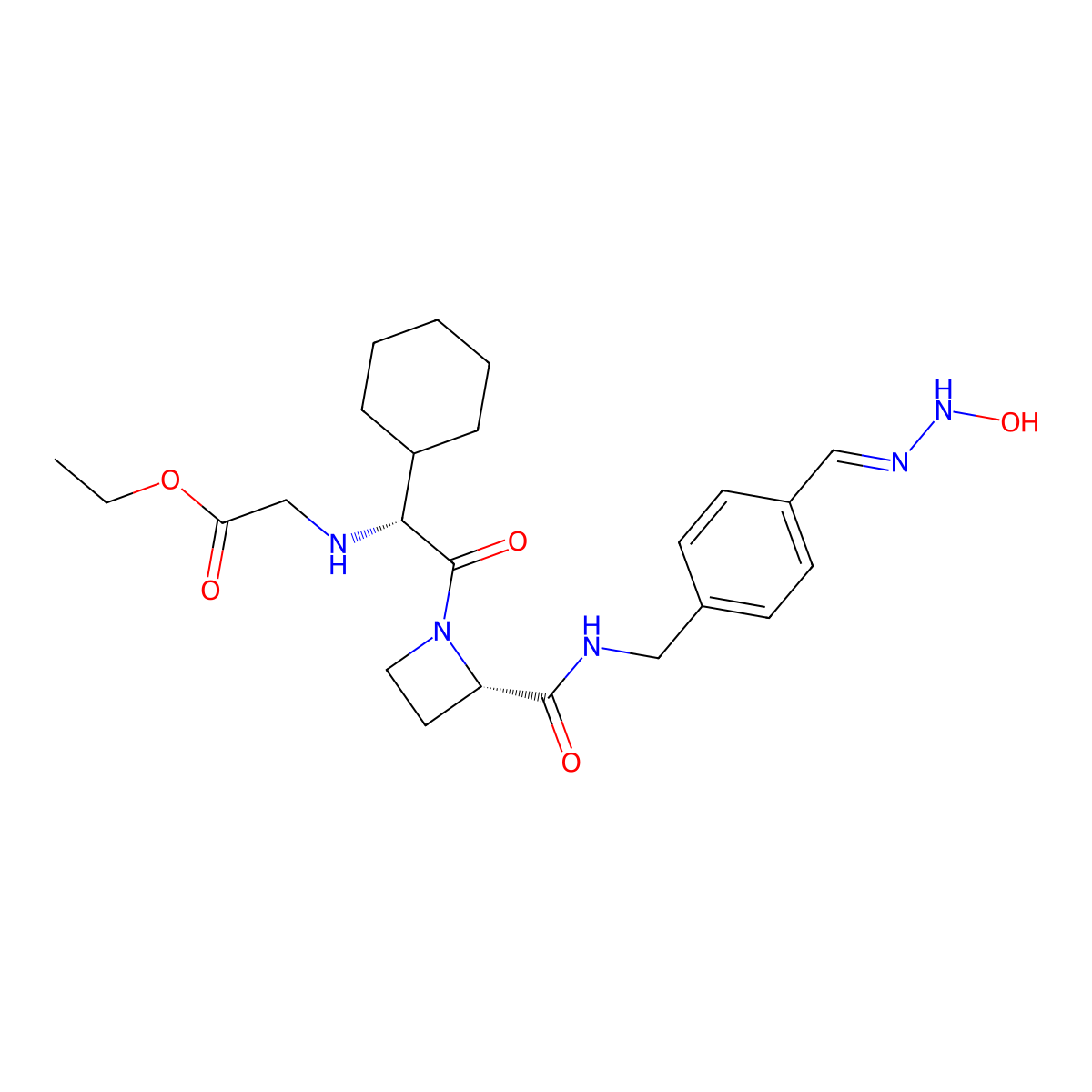 Ethyl ((R)-1-cyclohexyl-2-((S)-2-((4-(N-hydroxycarbamimidoyl)benzyl)carbamoyl)azetidin-1-yl)-2-oxoethyl)glycinate molecular structure, CAS 1027842-43-8