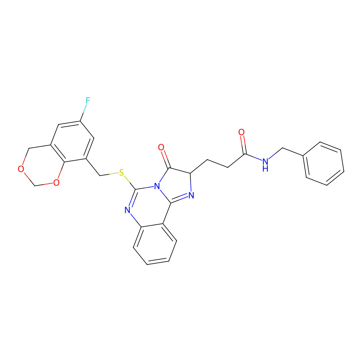N-benzyl-3-(5-{[(6-fluoro-2,4-dihydro-1,3-benzodioxin-8-yl)methyl]sulfanyl}-3-oxo-2H,3H-imidazo[1,2-c]quinazolin-2-yl)propanamide molecular structure, CAS 1028067-25-5