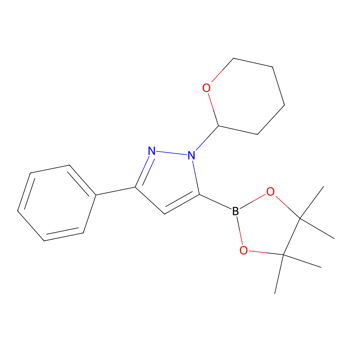 3-Phenyl-1-(tetrahydro-2H-pyran-2-yl)-5-(4,4,5,5-tetramethyl-1,3,2-dioxaborolan-2-yl)-1H-pyrazole molecular structure, CAS 1028092-65-0