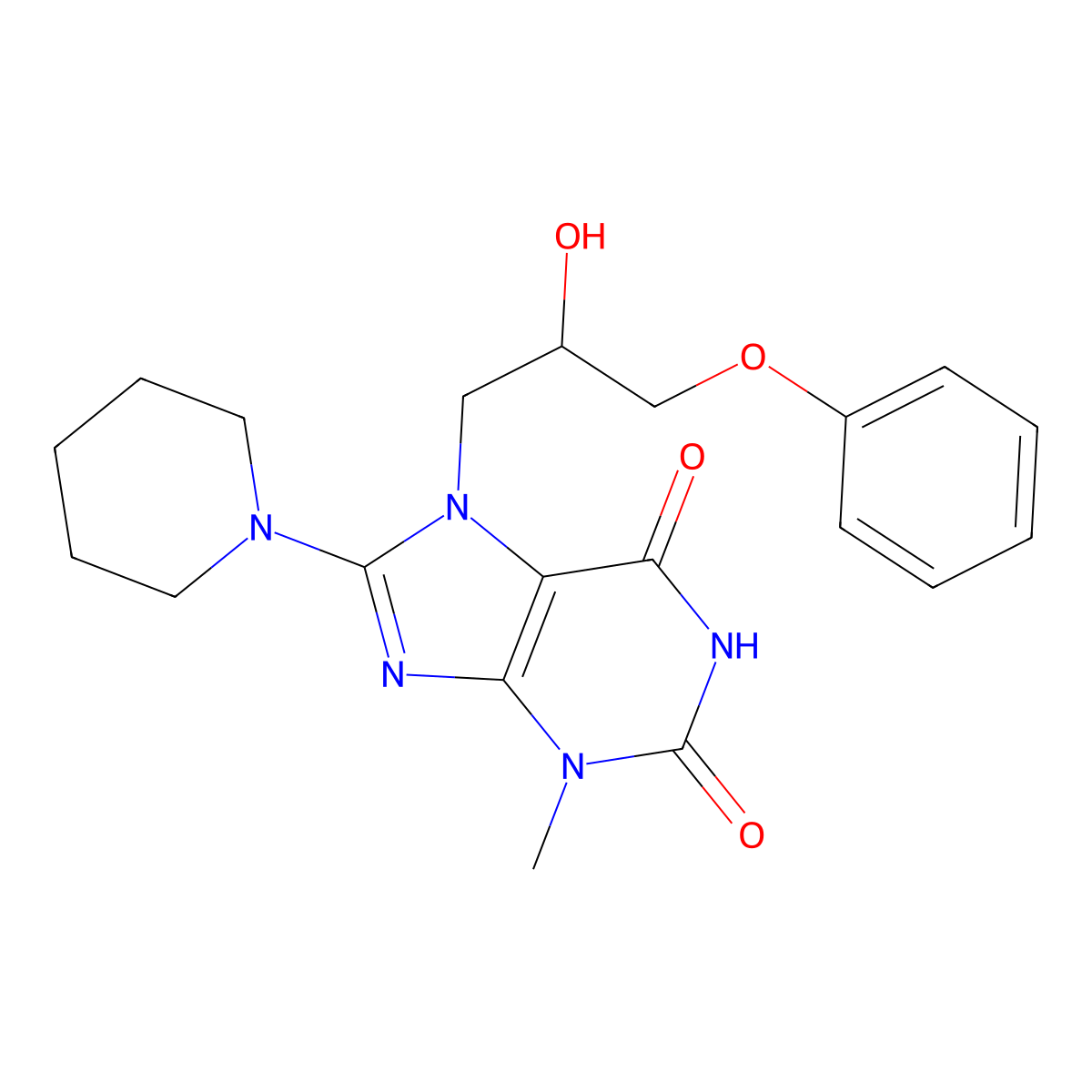 7-(2-hydroxy-3-phenoxypropyl)-3-methyl-8-(piperidin-1-yl)-1H-purine-2,6(3H,7H)-dione molecular structure, CAS 102838-04-0