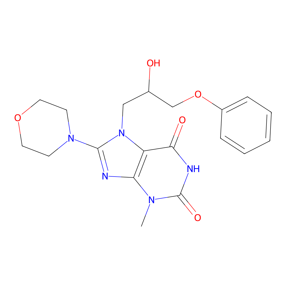 7-(2-hydroxy-3-phenoxypropyl)-3-methyl-8-morpholino-1H-purine-2,6(3H,7H)-dione molecular structure, CAS 102838-05-1