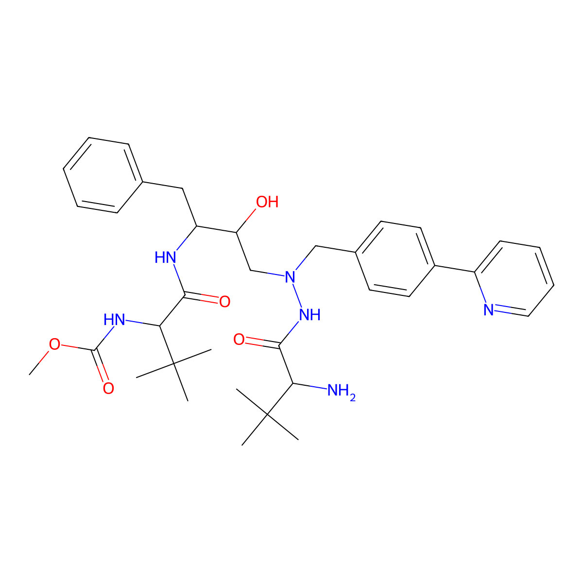 3-Methyl-L-valine 2-((2S,3S)-2-hydroxy-3-(((2S)-2-((methoxycarbonyl)amino)-3,3-dimethyl-1-oxobutyl)amino)-4-phenylbutyl)-2-((4-(2-pyridinyl)phenyl)methyl)hydrazide molecular structure, CAS 1028634-76-5