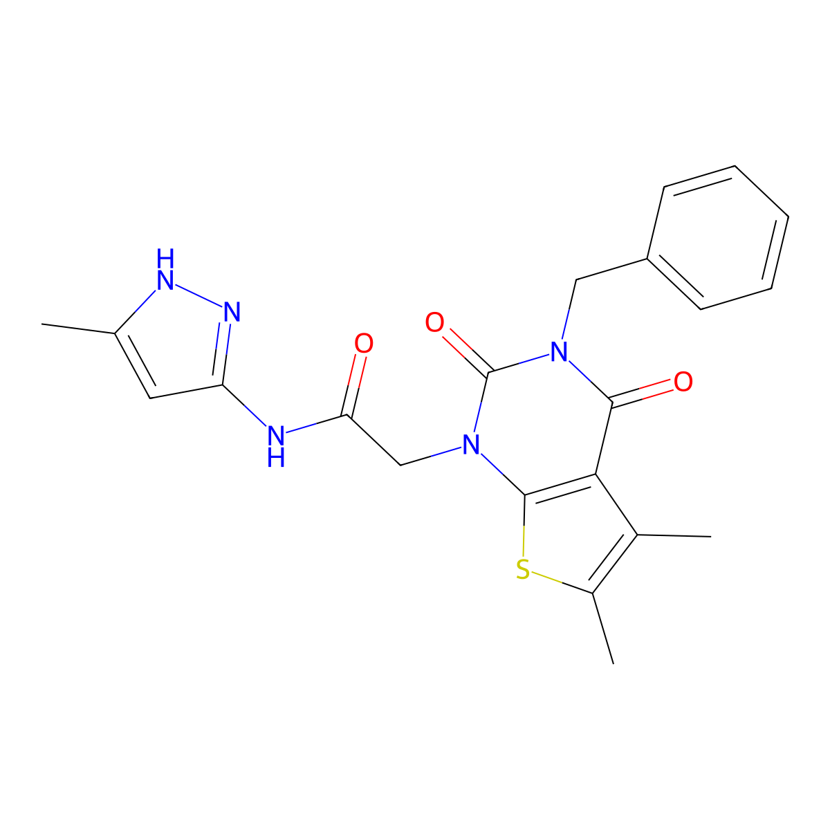 2-{3-benzyl-5,6-dimethyl-2,4-dioxo-1H,2H,3H,4H-thieno[2,3-d]pyrimidin-1-yl}-N-(3-methyl-1H-pyrazol-5-yl)acetamide molecular structure, CAS 1028693-42-6