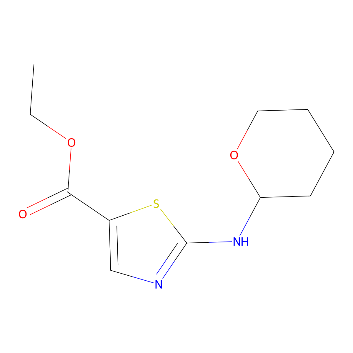 ethyl 2-(tetrahydro-2H-pyran-2-ylamino)-1,3-thiazole-5-carboxylate molecular structure, CAS 1029088-17-2