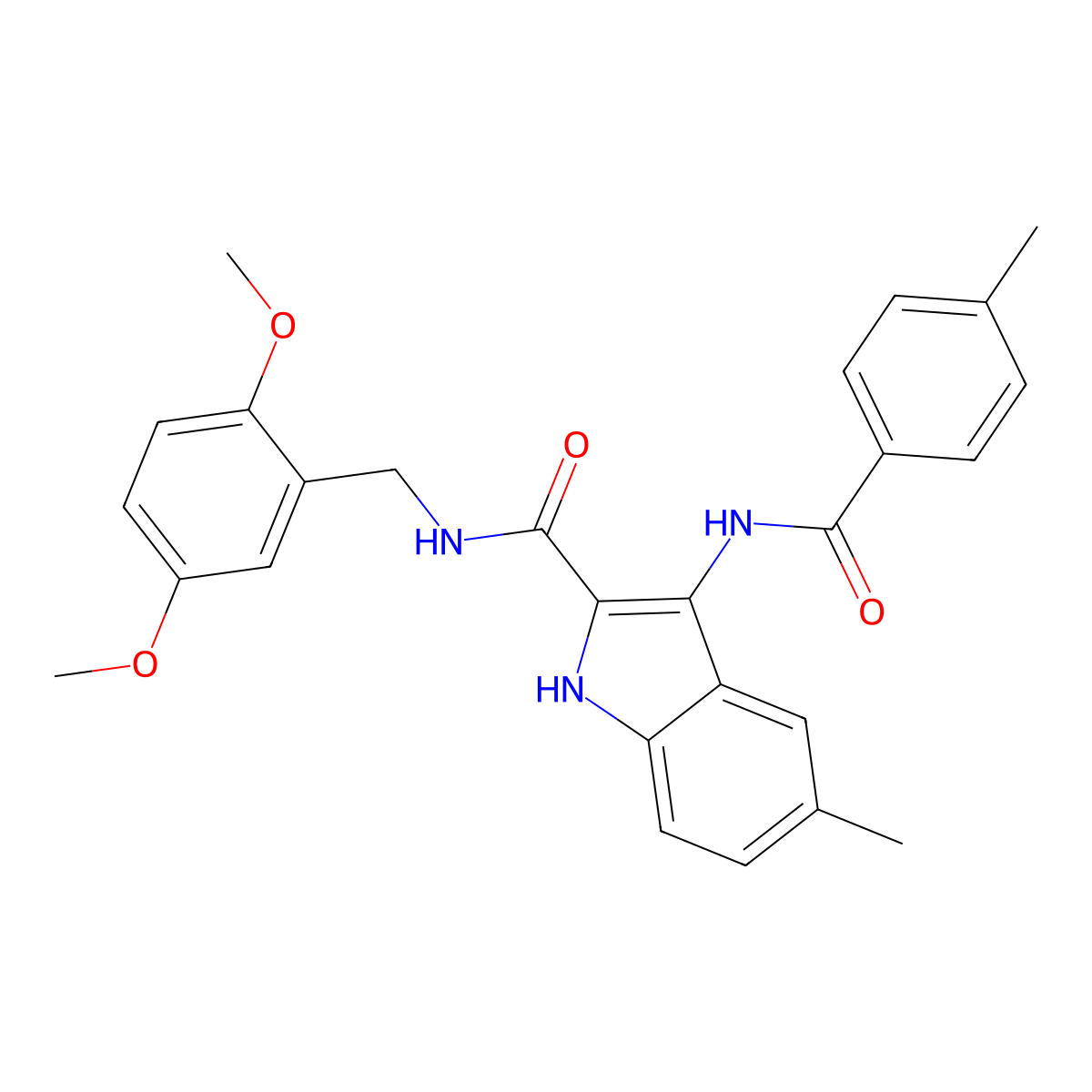 N-(2,5-dimethoxybenzyl)-5-methyl-3-(4-methylbenzamido)-1H-indole-2-carboxamide molecular structure, CAS 1029724-55-7