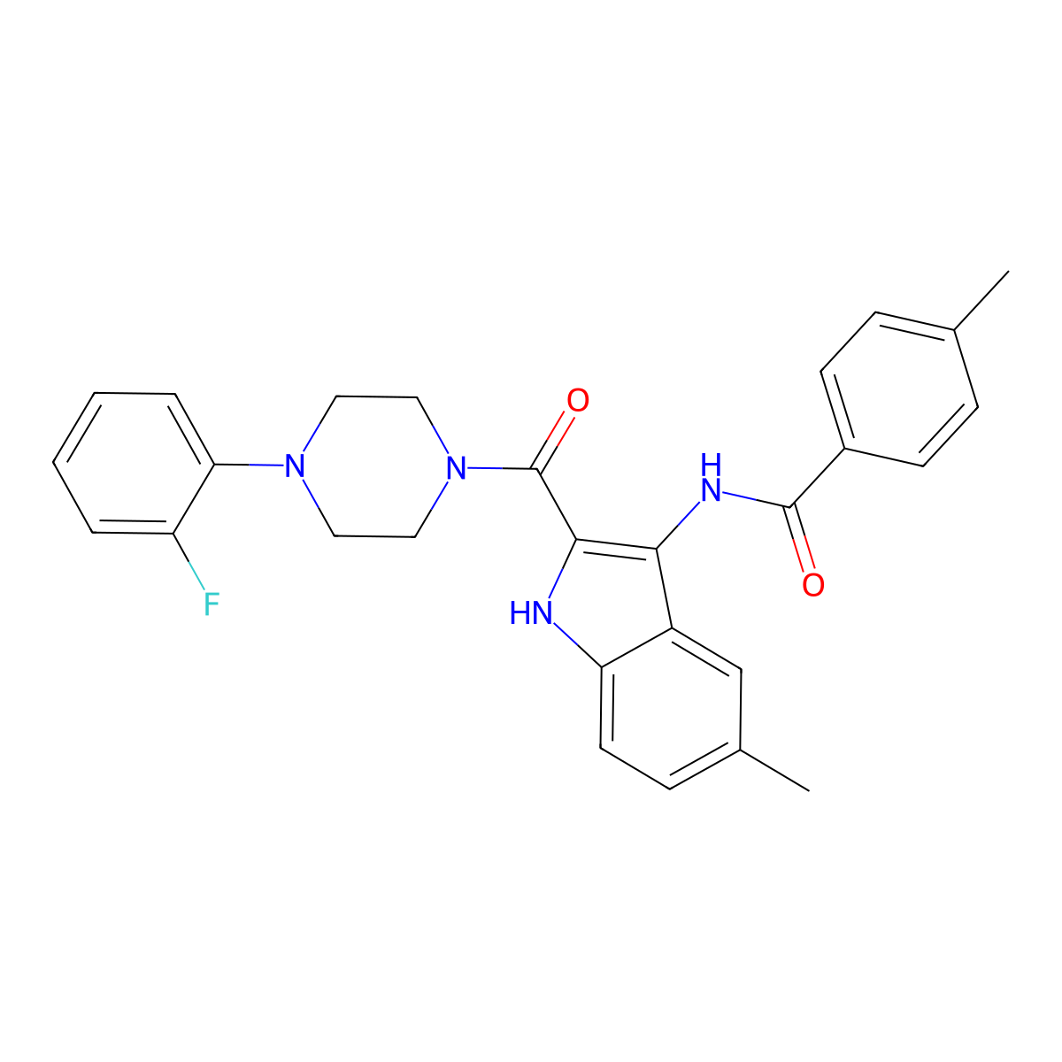 N-{2-[4-(2-fluorophenyl)piperazine-1-carbonyl]-5-methyl-1H-indol-3-yl}-4-methylbenzamide molecular structure, CAS 1029724-57-9