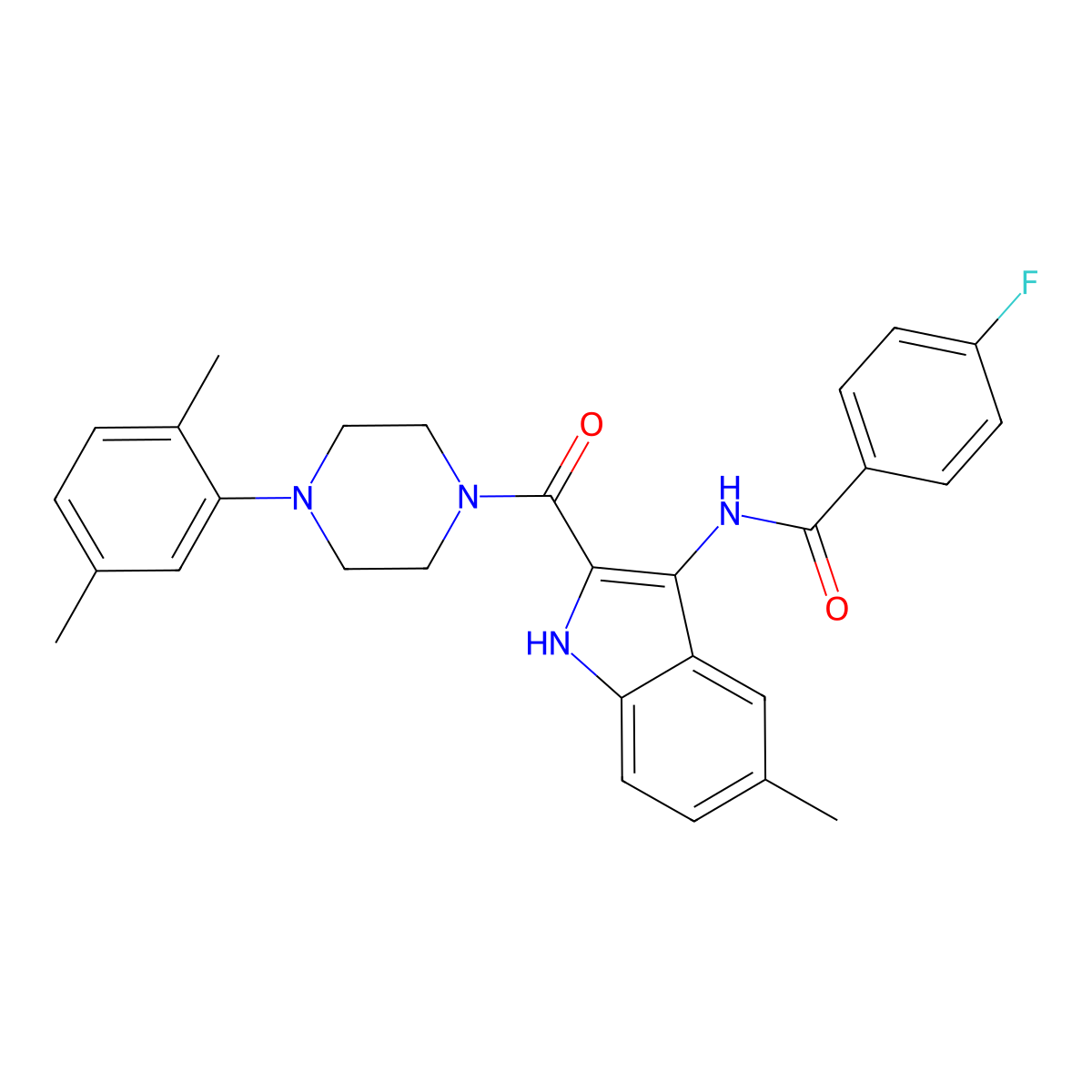 N-{2-[4-(2,5-dimethylphenyl)piperazine-1-carbonyl]-5-methyl-1H-indol-3-yl}-4-fluorobenzamide molecular structure, CAS 1029724-99-9