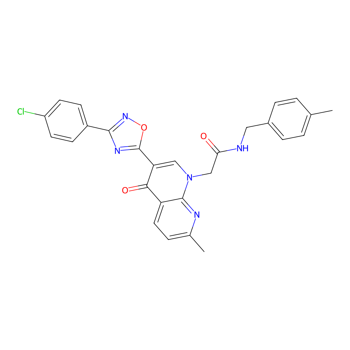 2-{3-[3-(4-chlorophenyl)-1,2,4-oxadiazol-5-yl]-7-methyl-4-oxo-1,4-dihydro-1,8-naphthyridin-1-yl}-N-[(4-methylphenyl)methyl]acetamide molecular structure, CAS 1029727-56-7