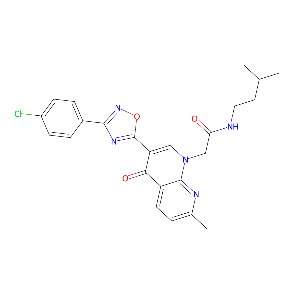 2-(3-(3-(4-chlorophenyl)-1,2,4-oxadiazol-5-yl)-7-methyl-4-oxo-1,8-naphthyridin-1(4H)-yl)-N-isopentylacetamide molecular structure, CAS 1029727-65-8