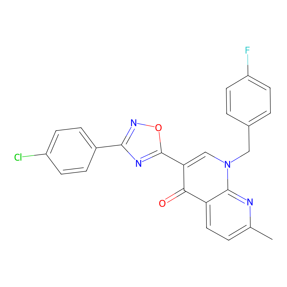 3-(3-(4-chlorophenyl)-1,2,4-oxadiazol-5-yl)-1-(4-fluorobenzyl)-7-methyl-1,8-naphthyridin-4(1H)-one molecular structure, CAS 1029727-71-6