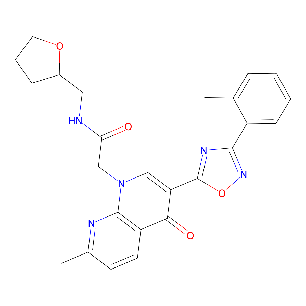 2-(7-methyl-4-oxo-3-(3-(o-tolyl)-1,2,4-oxadiazol-5-yl)-1,8-naphthyridin-1(4H)-yl)-N-((tetrahydrofuran-2-yl)methyl)acetamide molecular structure, CAS 1029727-80-7