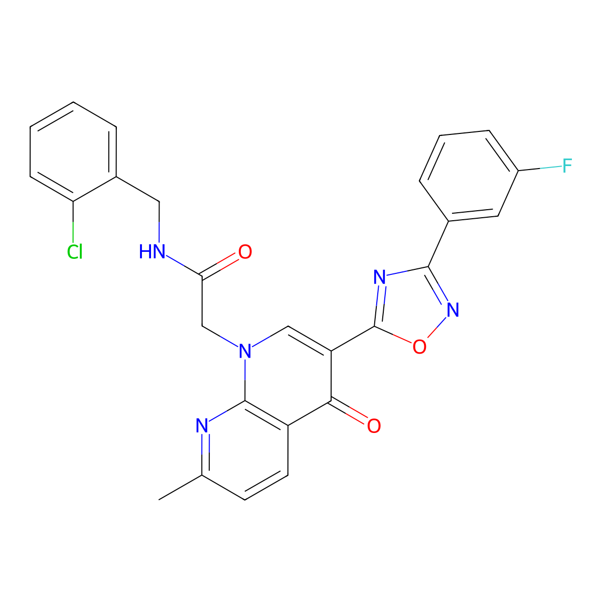 N-[(2-chlorophenyl)methyl]-2-{3-[3-(3-fluorophenyl)-1,2,4-oxadiazol-5-yl]-7-methyl-4-oxo-1,4-dihydro-1,8-naphthyridin-1-yl}acetamide molecular structure, CAS 1029728-01-5
