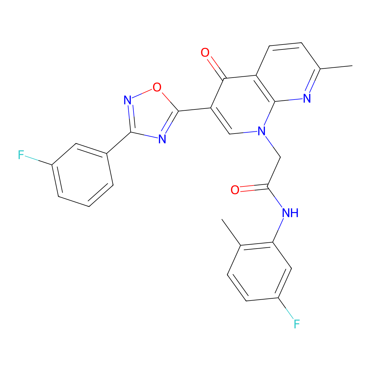N-(5-fluoro-2-methylphenyl)-2-{3-[3-(3-fluorophenyl)-1,2,4-oxadiazol-5-yl]-7-methyl-4-oxo-1,4-dihydro-1,8-naphthyridin-1-yl}acetamide molecular structure, CAS 1029728-07-1