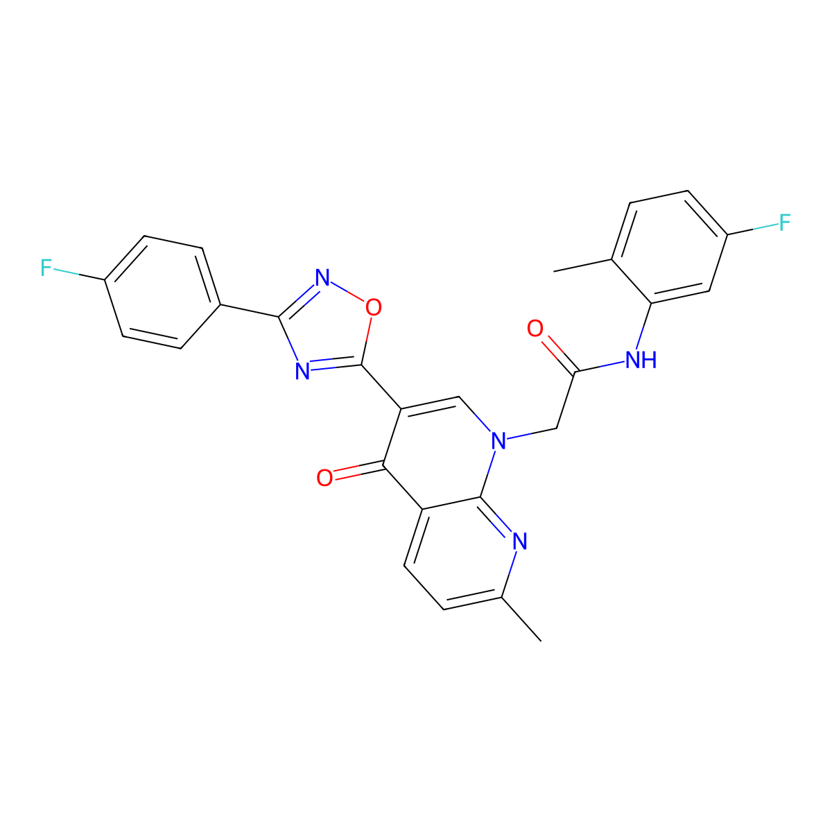 N-(5-fluoro-2-methylphenyl)-2-(3-(3-(4-fluorophenyl)-1,2,4-oxadiazol-5-yl)-7-methyl-4-oxo-1,8-naphthyridin-1(4H)-yl)acetamide molecular structure, CAS 1029728-22-0