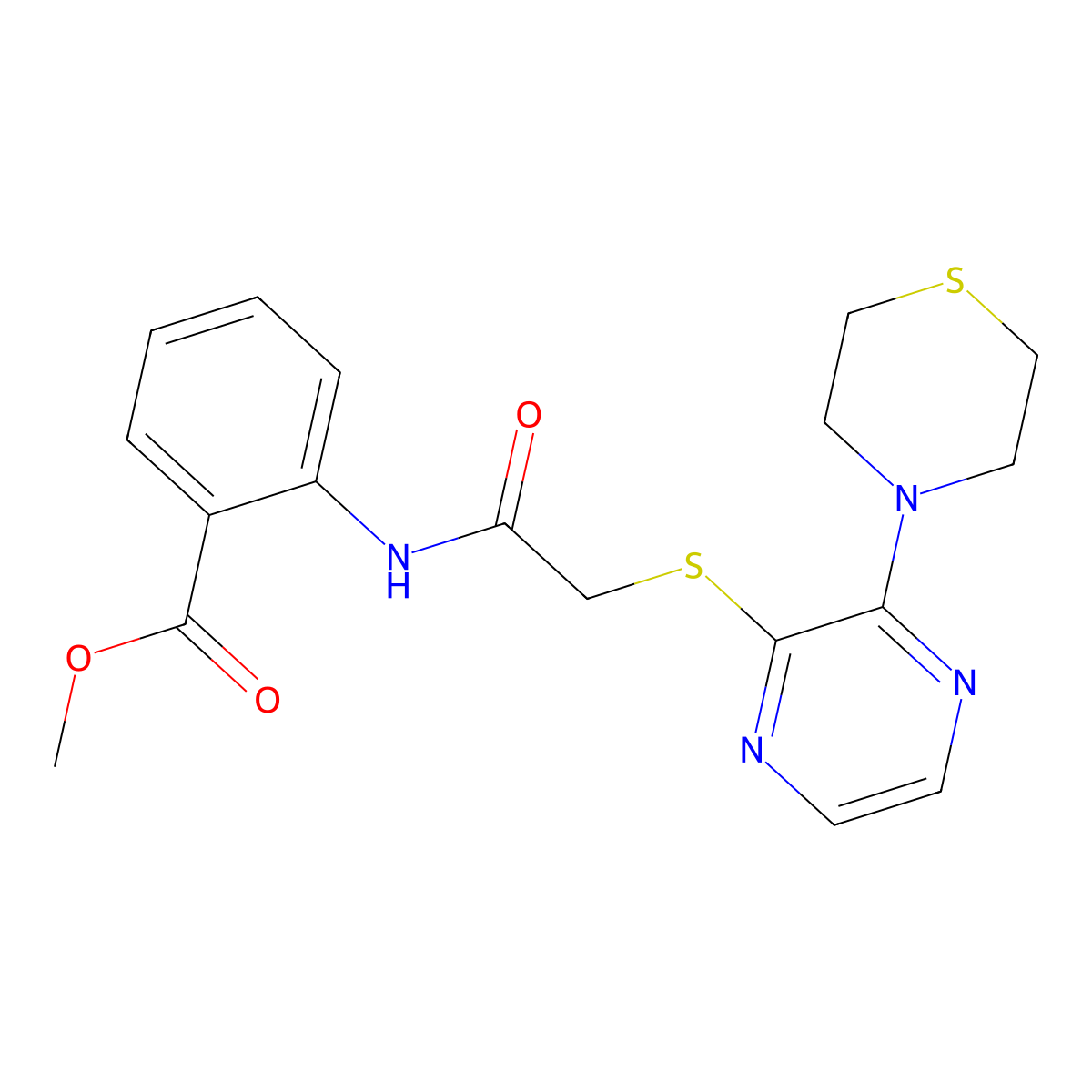 Methyl 2-(2-((3-thiomorpholinopyrazin-2-yl)thio)acetamido)benzoate molecular structure, CAS 1029732-68-0