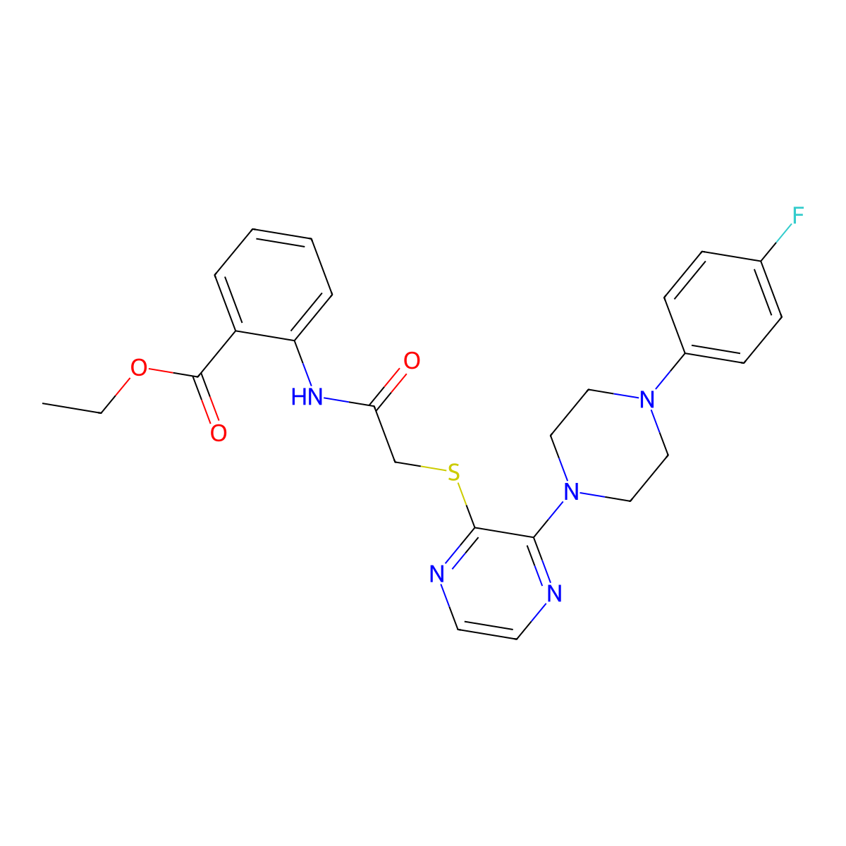 Ethyl 2-(2-((3-(4-(4-fluorophenyl)piperazin-1-yl)pyrazin-2-yl)thio)acetamido)benzoate molecular structure, CAS 1029733-02-5