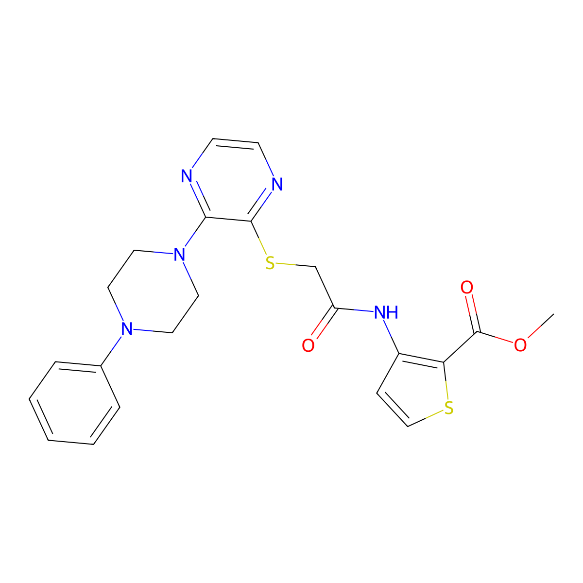 Methyl 3-(2-{[3-(4-phenylpiperazin-1-yl)pyrazin-2-yl]sulfanyl}acetamido)thiophene-2-carboxylate molecular structure, CAS 1029733-74-1