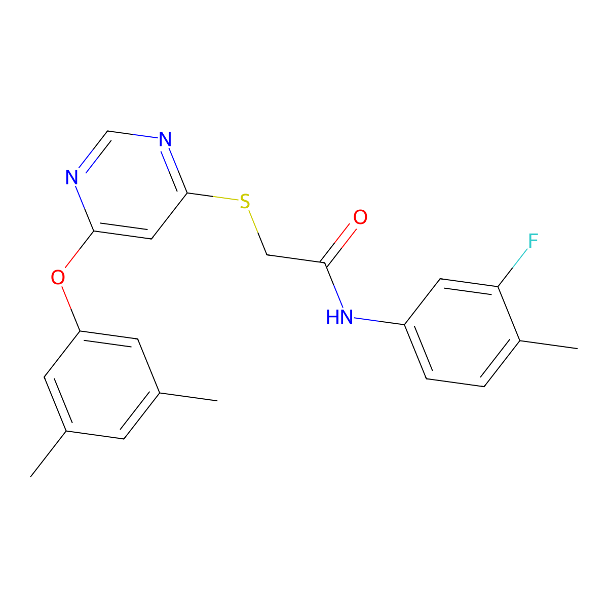 2-{[6-(3,5-dimethylphenoxy)pyrimidin-4-yl]sulfanyl}-N-(3-fluoro-4-methylphenyl)acetamide molecular structure, CAS 1029734-59-5