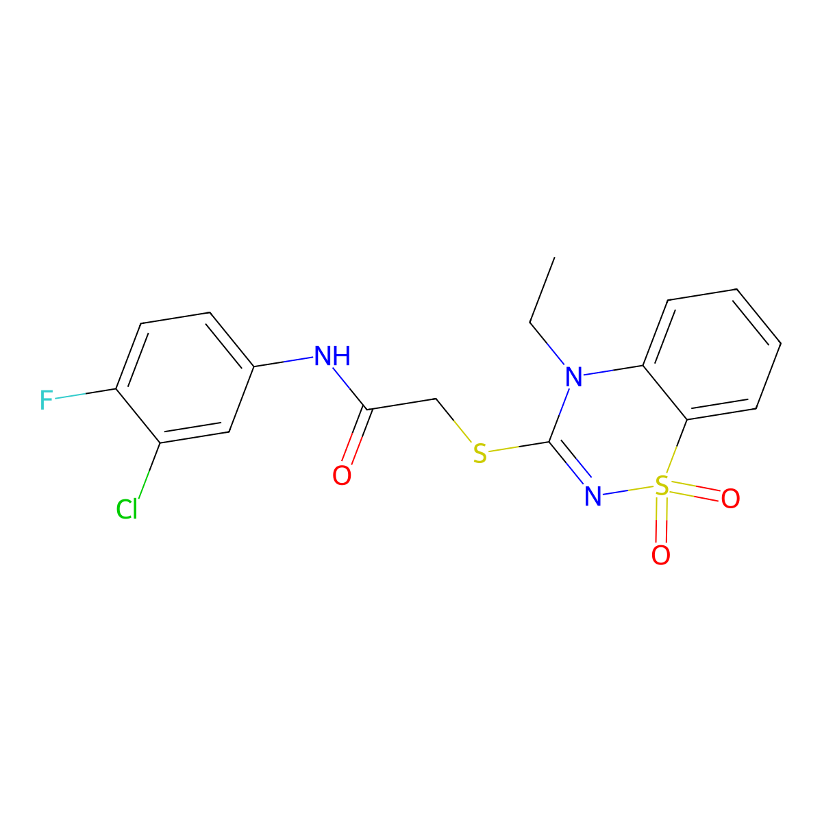 N-(3-chloro-4-fluorophenyl)-2-((4-ethyl-1,1-dioxido-4H-benzo[e][1,2,4]thiadiazin-3-yl)thio)acetamide molecular structure, CAS 1029734-74-4
