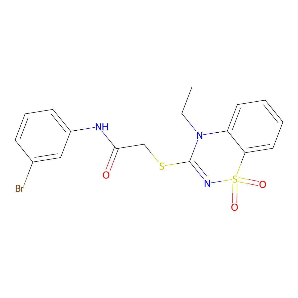 N-(3-bromophenyl)-2-((4-ethyl-1,1-dioxido-4H-benzo[e][1,2,4]thiadiazin-3-yl)thio)acetamide molecular structure, CAS 1029734-95-9
