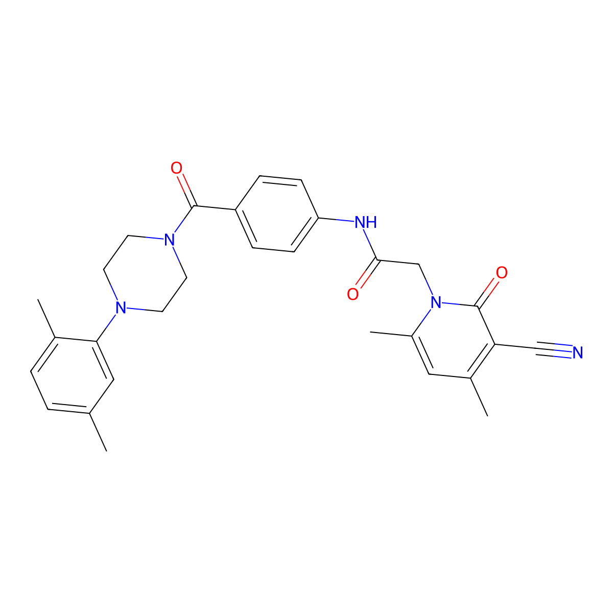 2-(3-cyano-4,6-dimethyl-2-oxopyridin-1(2H)-yl)-N-(4-(4-(2,5-dimethylphenyl)piperazine-1-carbonyl)phenyl)acetamide molecular structure, CAS 1029740-80-4