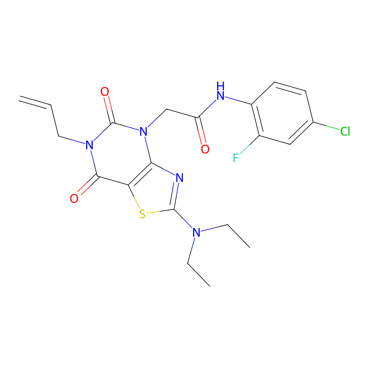 N-(4-chloro-2-fluorophenyl)-2-[2-(diethylamino)-5,7-dioxo-6-(prop-2-en-1-yl)-4H,5H,6H,7H-[1,3]thiazolo[4,5-d]pyrimidin-4-yl]acetamide molecular structure, CAS 1029742-11-7