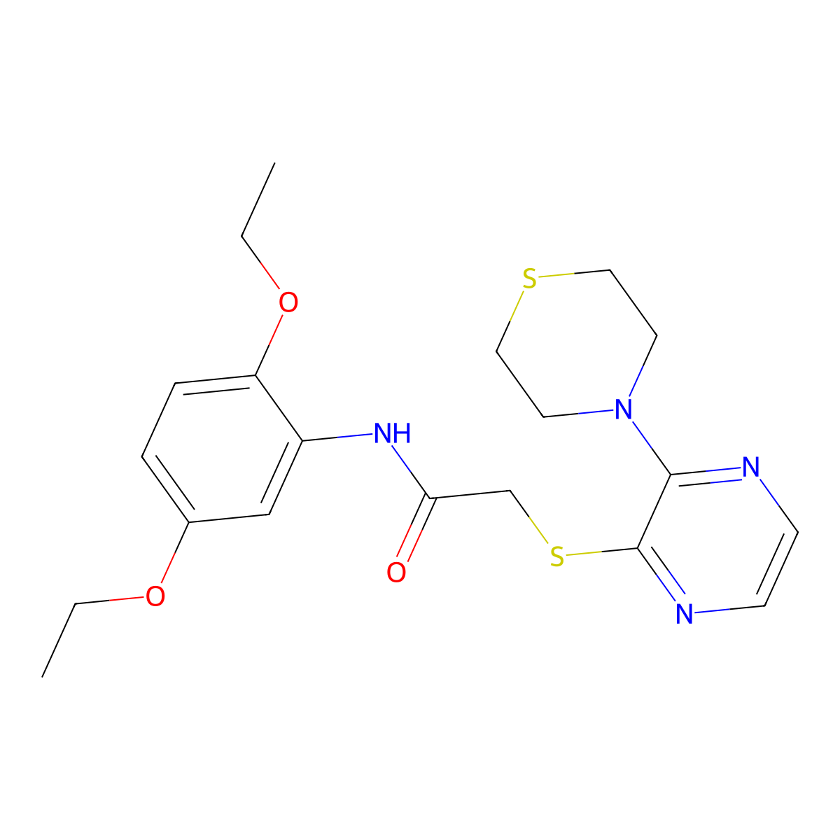 N-(2,5-diethoxyphenyl)-2-{[3-(thiomorpholin-4-yl)pyrazin-2-yl]sulfanyl}acetamide molecular structure, CAS 1029744-16-8