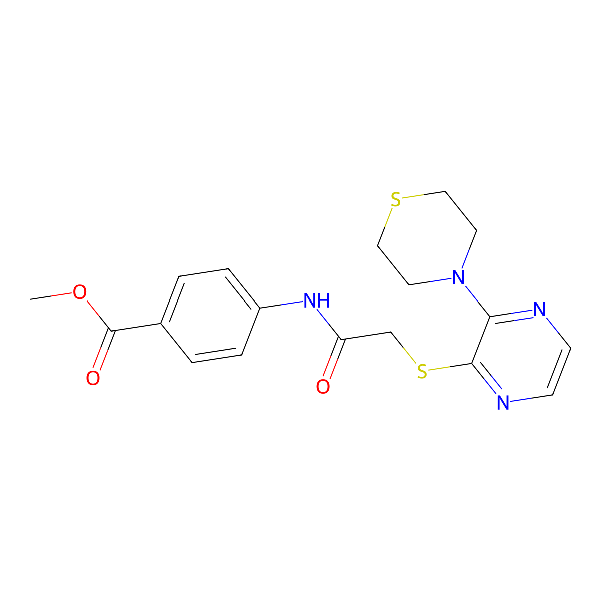Methyl 4-(2-((3-thiomorpholinopyrazin-2-yl)thio)acetamido)benzoate molecular structure, CAS 1029744-19-1