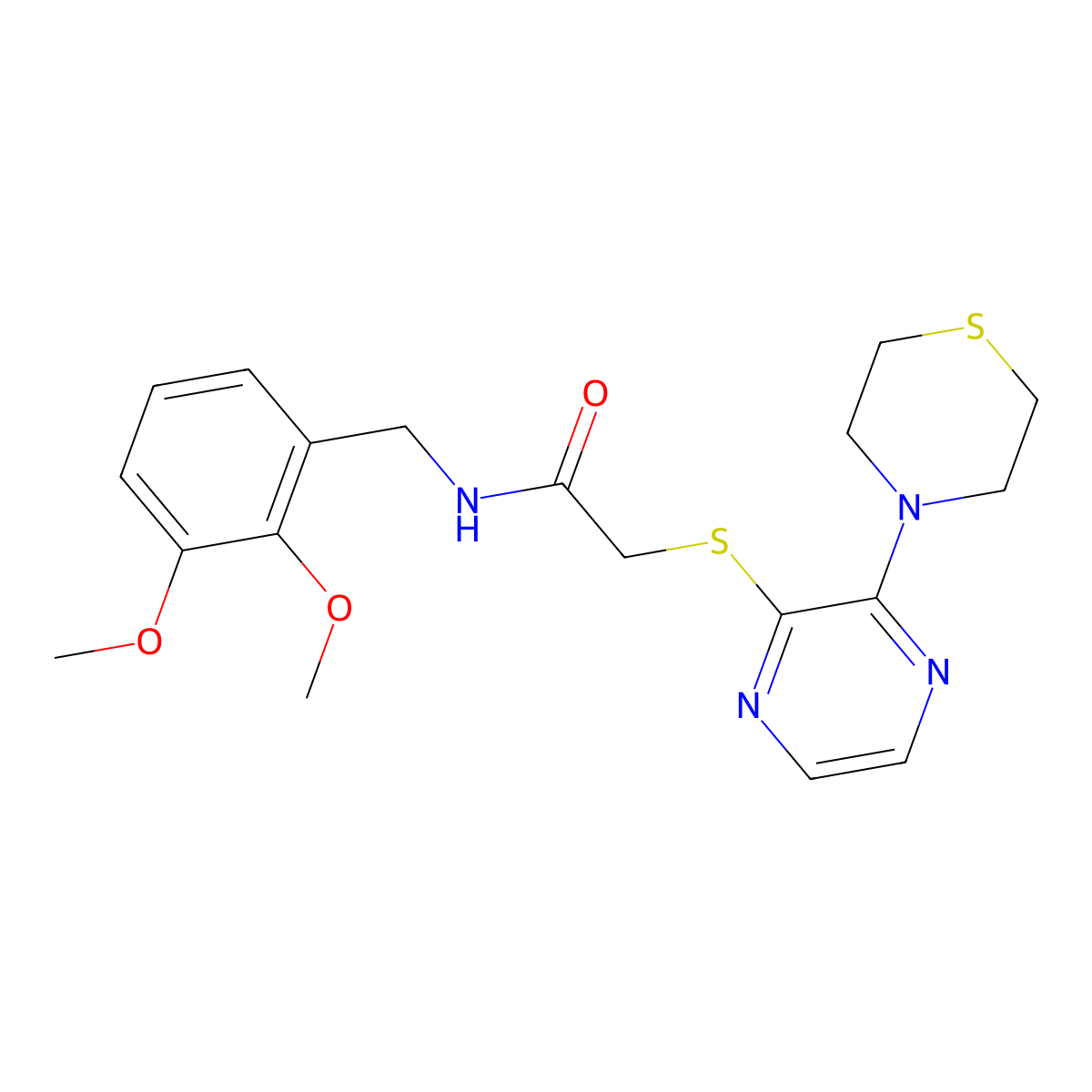 N-(2,3-dimethoxybenzyl)-2-((3-thiomorpholinopyrazin-2-yl)thio)acetamide molecular structure, CAS 1029744-23-7