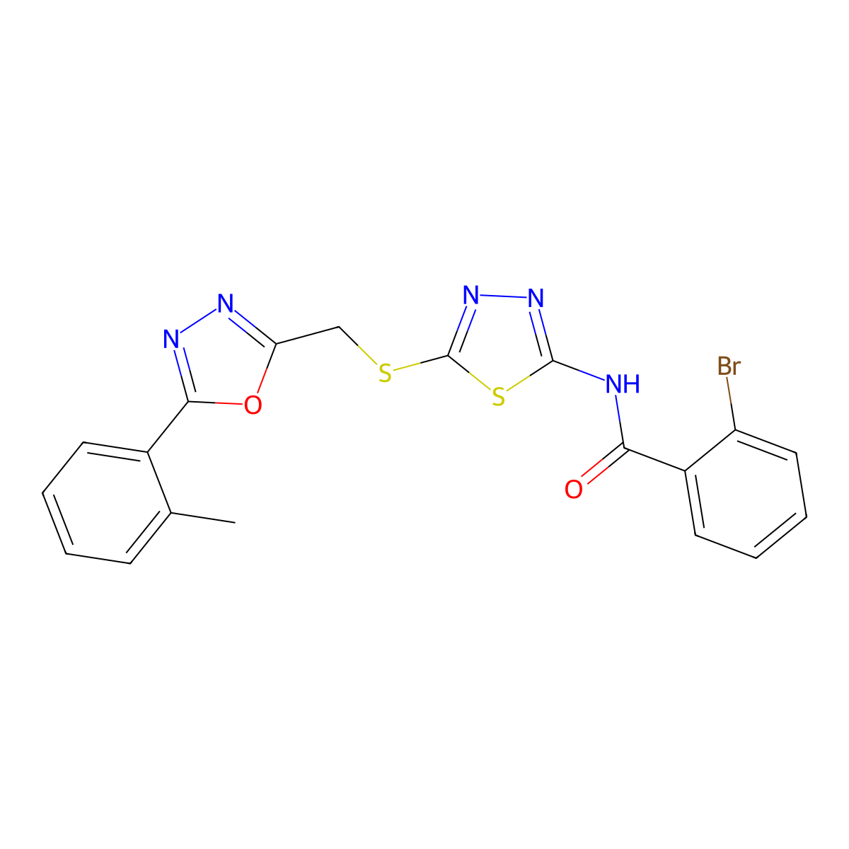 2-Bromo-N-[5-({[5-(2-methylphenyl)-1,3,4-oxadiazol-2-YL]methyl}sulfanyl)-1,3,4-thiadiazol-2-YL]benzamide molecular structure, CAS 1029746-80-2