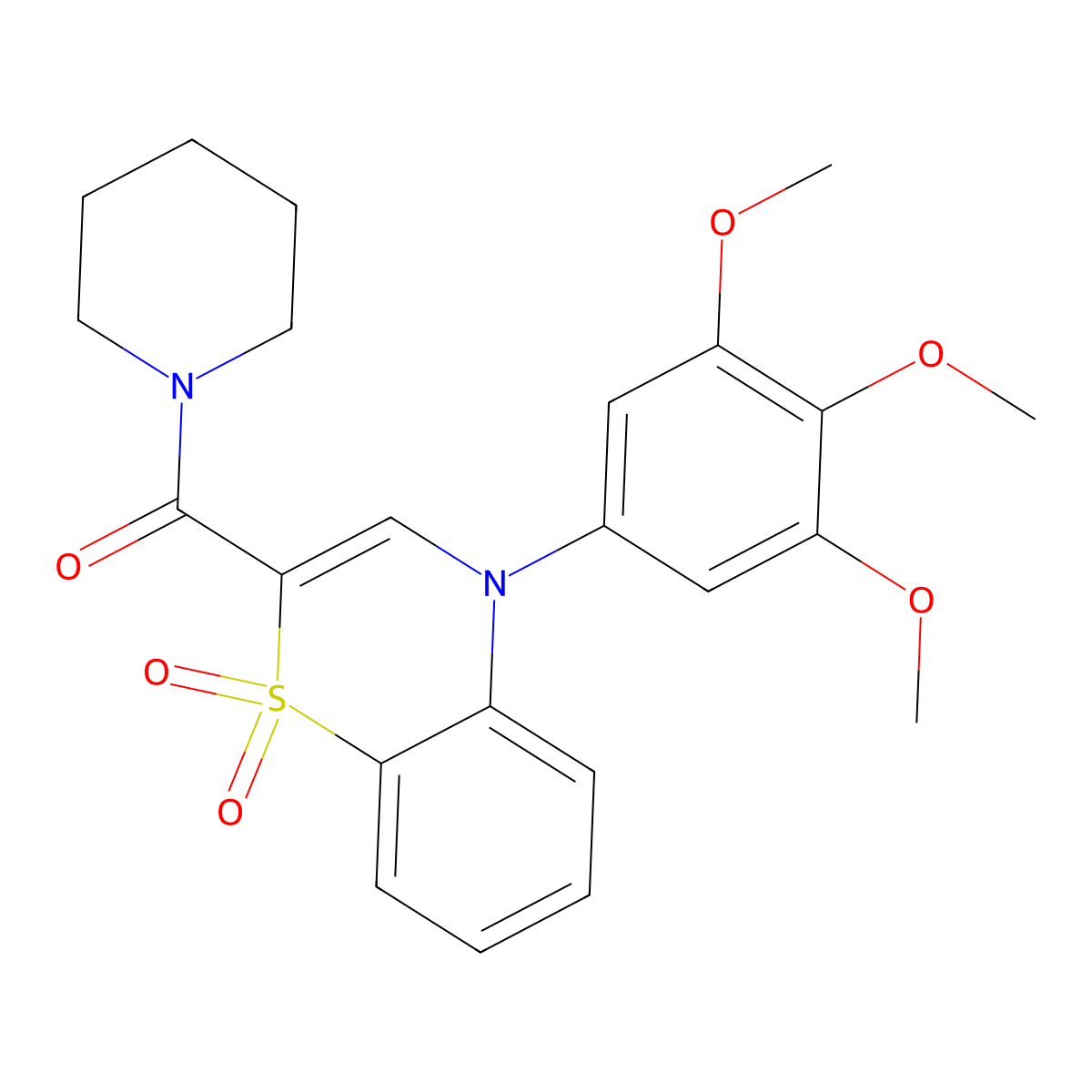 (1,1-dioxido-4-(3,4,5-trimethoxyphenyl)-4H-benzo[b][1,4]thiazin-2-yl)(piperidin-1-yl)methanone molecular structure, CAS 1029747-13-4