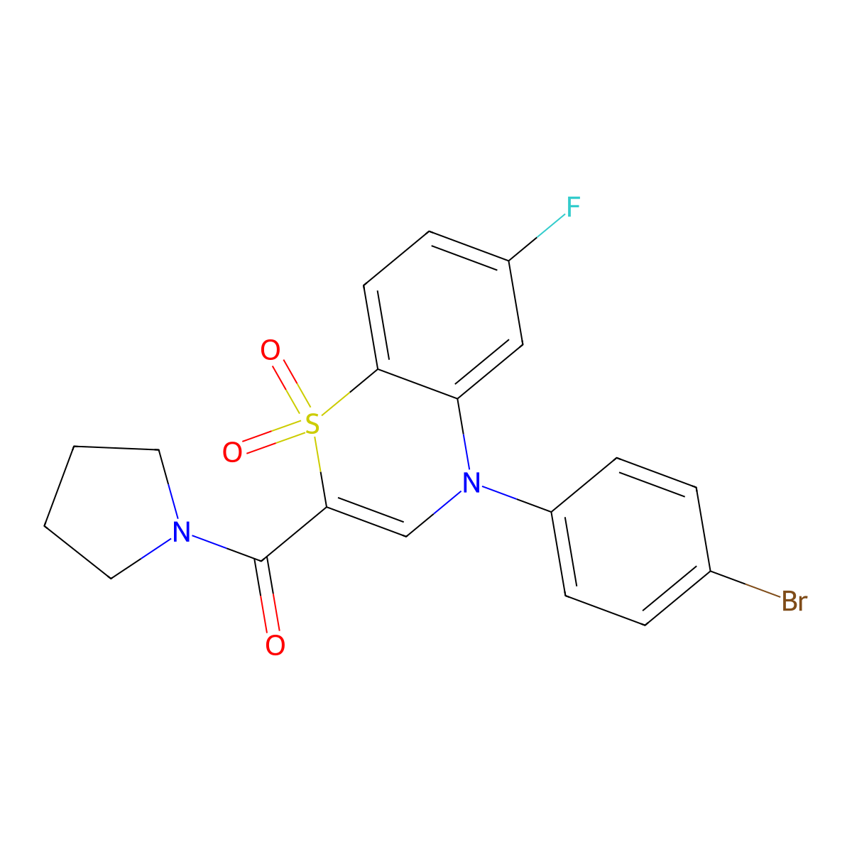 4-(4-bromophenyl)-6-fluoro-2-(pyrrolidine-1-carbonyl)-4H-1lambda6,4-benzothiazine-1,1-dione molecular structure, CAS 1029747-25-8