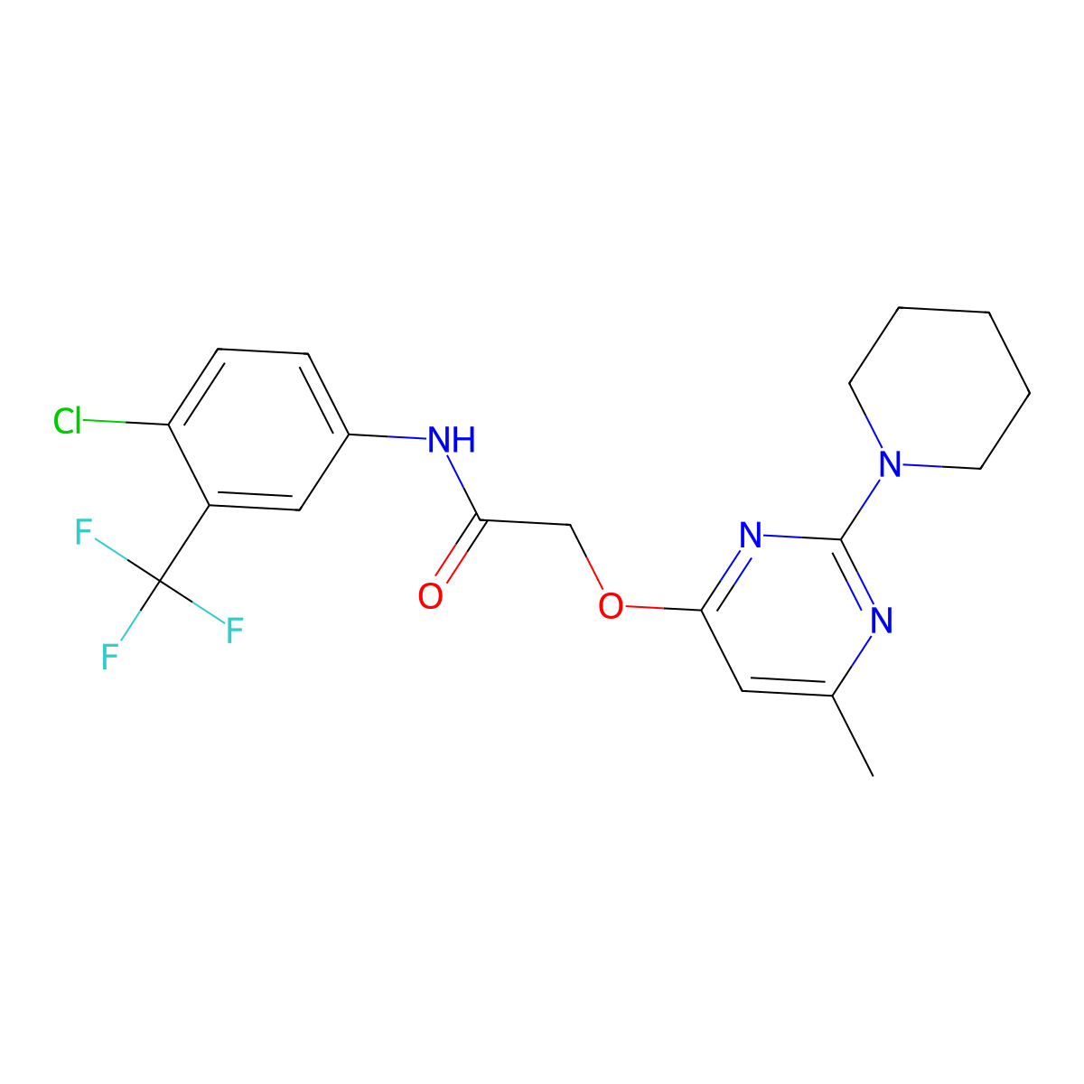 N-[4-chloro-3-(trifluoromethyl)phenyl]-2-{[6-methyl-2-(piperidin-1-yl)pyrimidin-4-yl]oxy}acetamide molecular structure, CAS 1029748-35-3