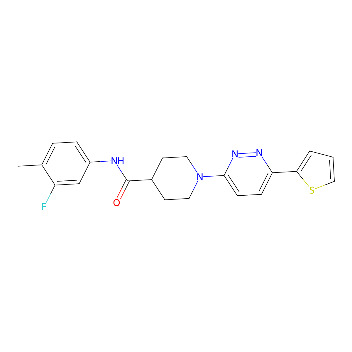 N-(3-fluoro-4-methylphenyl)-1-(6-(thiophen-2-yl)pyridazin-3-yl)piperidine-4-carboxamide molecular structure, CAS 1029761-36-1
