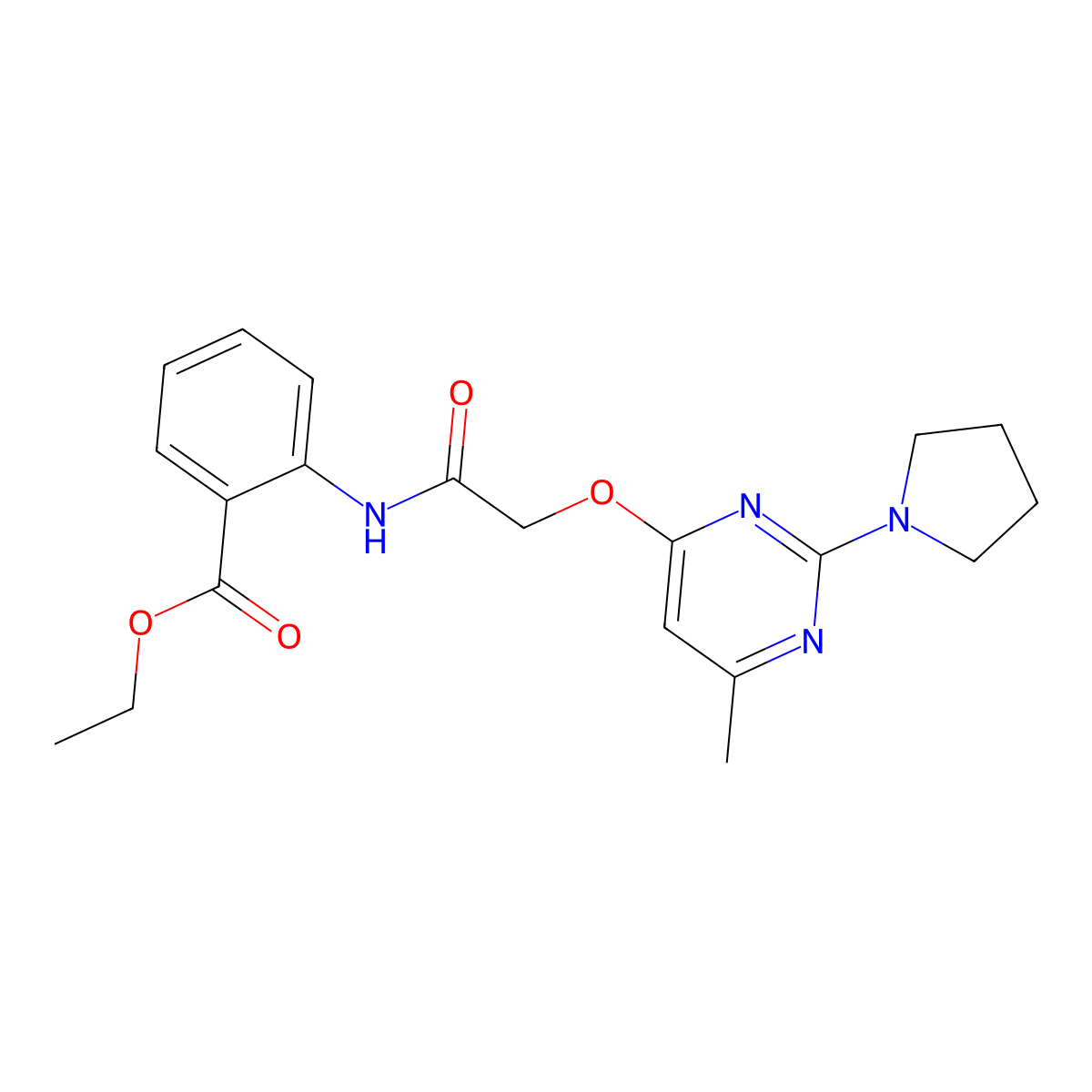 Ethyl 2-(2-((6-methyl-2-(pyrrolidin-1-yl)pyrimidin-4-yl)oxy)acetamido)benzoate molecular structure, CAS 1029763-58-3