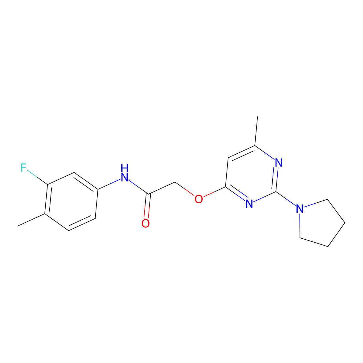 N-(3-fluoro-4-methylphenyl)-2-{[6-methyl-2-(pyrrolidin-1-yl)pyrimidin-4-yl]oxy}acetamide molecular structure, CAS 1029763-66-3
