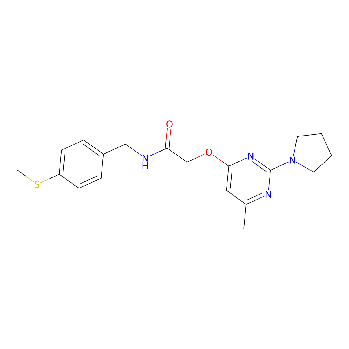 2-{[6-Methyl-2-(pyrrolidin-1-YL)pyrimidin-4-YL]oxy}-N-{[4-(methylsulfanyl)phenyl]methyl}acetamide molecular structure, CAS 1029763-68-5