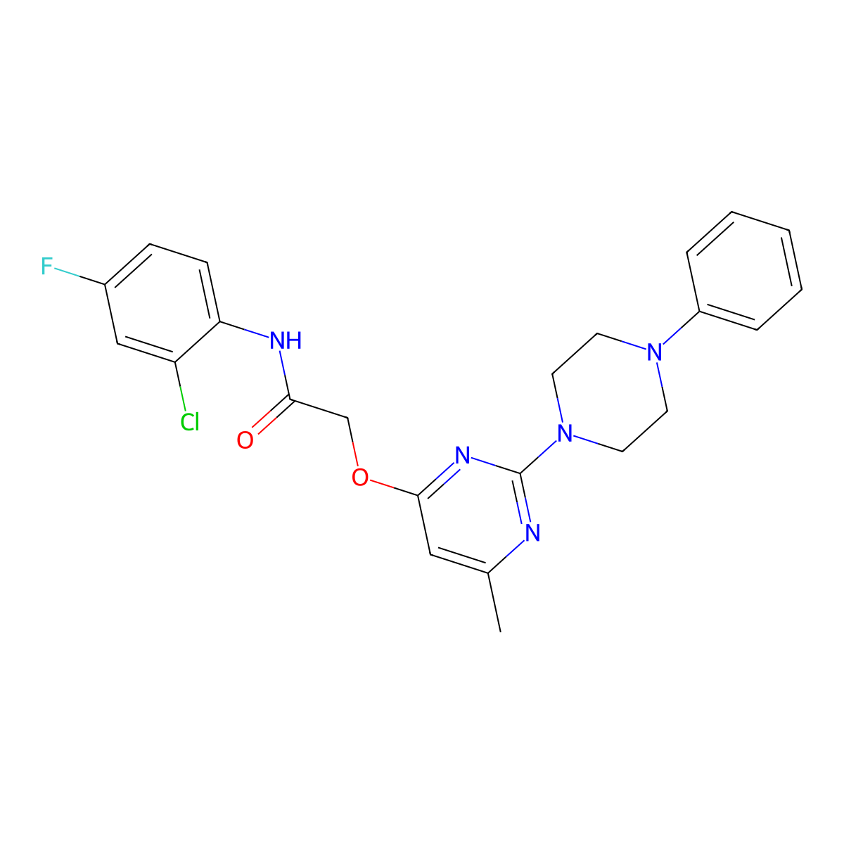 N-(2-chloro-4-fluorophenyl)-2-{[6-methyl-2-(4-phenylpiperazin-1-yl)pyrimidin-4-yl]oxy}acetamide molecular structure, CAS 1029763-90-3