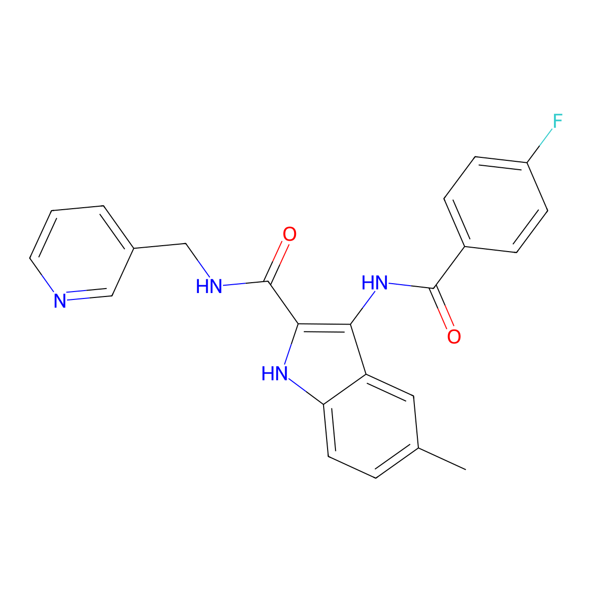 3-(4-fluorobenzamido)-5-methyl-N-(pyridin-3-ylmethyl)-1H-indole-2-carboxamide molecular structure, CAS 1029764-91-7