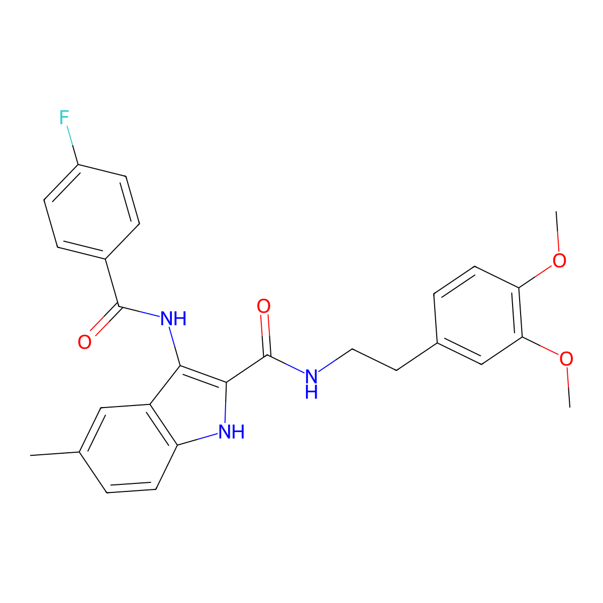 N-(3,4-dimethoxyphenethyl)-3-(4-fluorobenzamido)-5-methyl-1H-indole-2-carboxamide molecular structure, CAS 1029764-95-1