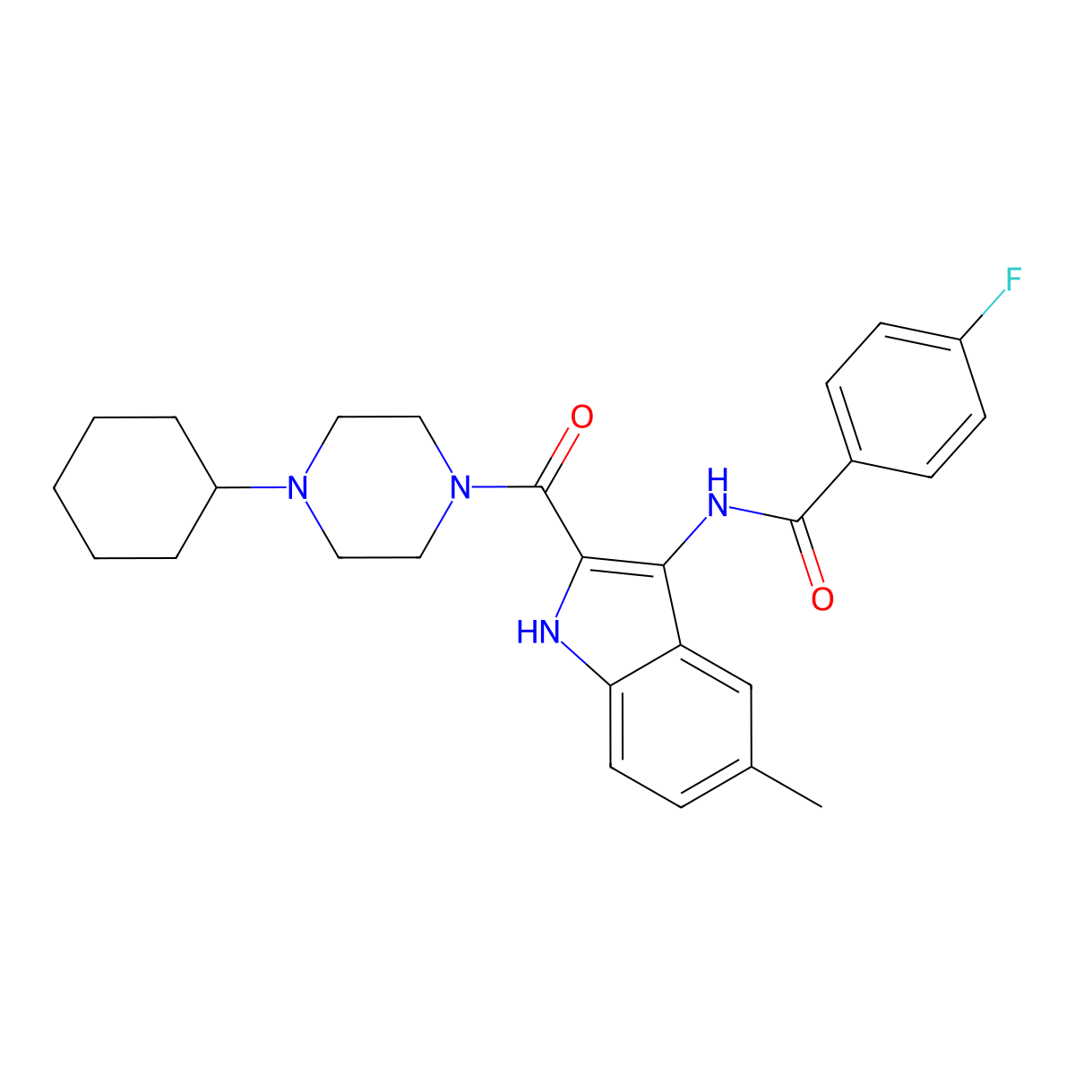 N-[2-(4-cyclohexylpiperazine-1-carbonyl)-5-methyl-1H-indol-3-yl]-4-fluorobenzamide molecular structure, CAS 1029765-01-2