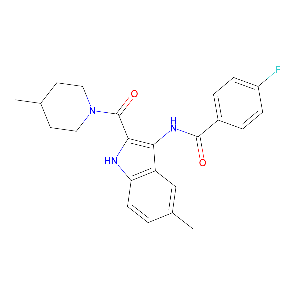 4-fluoro-N-[5-methyl-2-(4-methylpiperidine-1-carbonyl)-1H-indol-3-yl]benzamide molecular structure, CAS 1029765-05-6