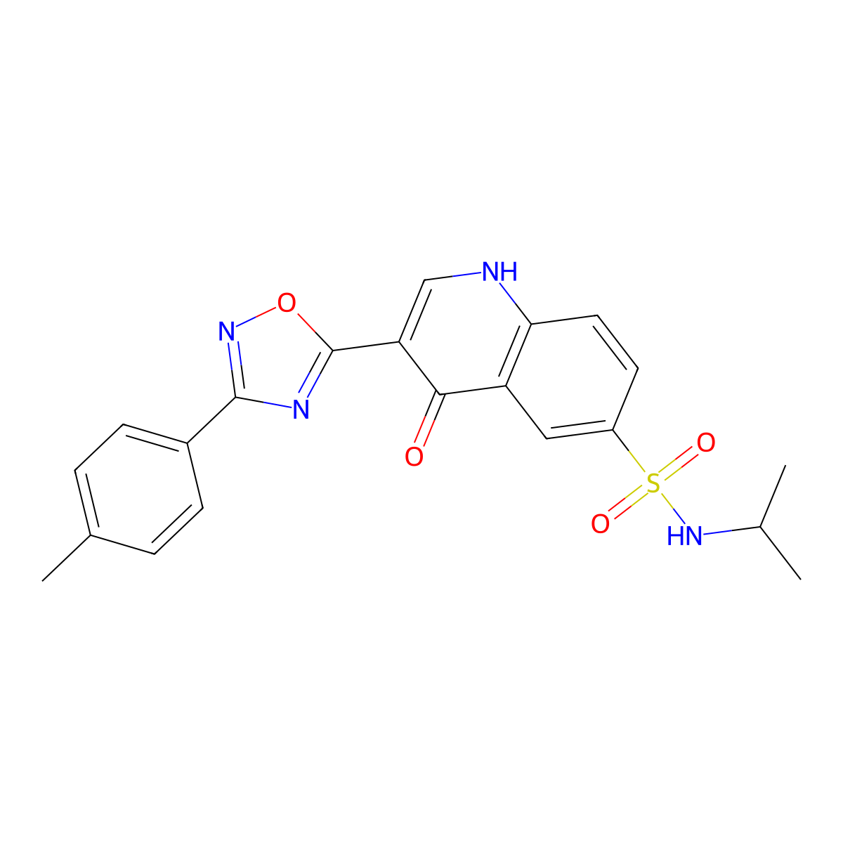 N-isopropyl-4-oxo-3-(3-(p-tolyl)-1,2,4-oxadiazol-5-yl)-1,4-dihydroquinoline-6-sulfonamide molecular structure, CAS 1029768-04-4