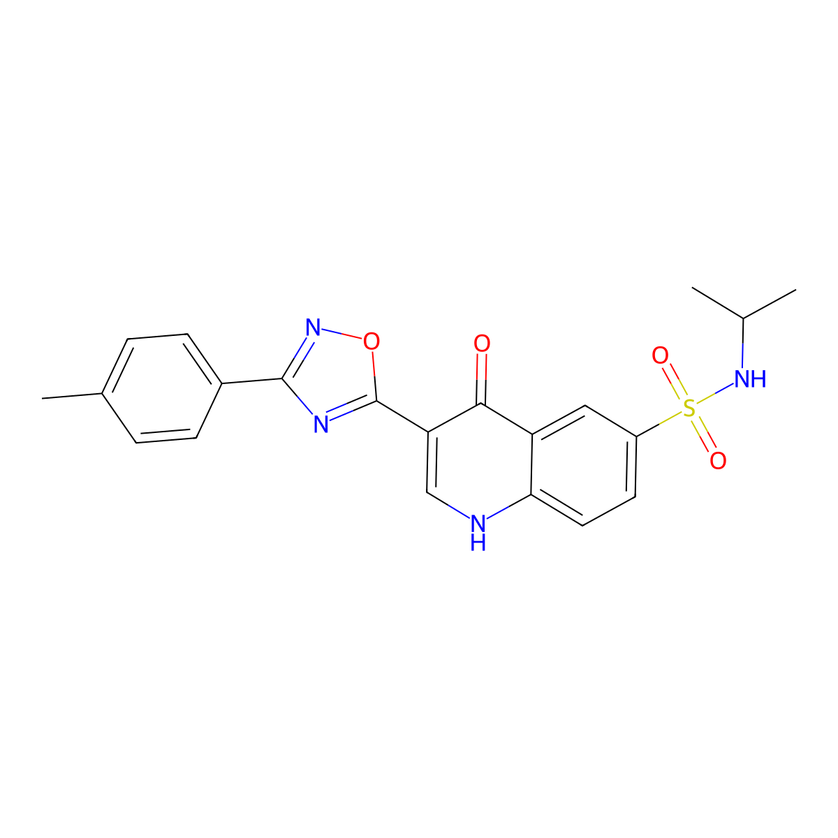 N-isopropyl-4-oxo-3-(3-(p-tolyl)-1,2,4-oxadiazol-5-yl)-1,4-dihydroquinoline-6-sulfonamide molecular structure, CAS 1029768-04-4