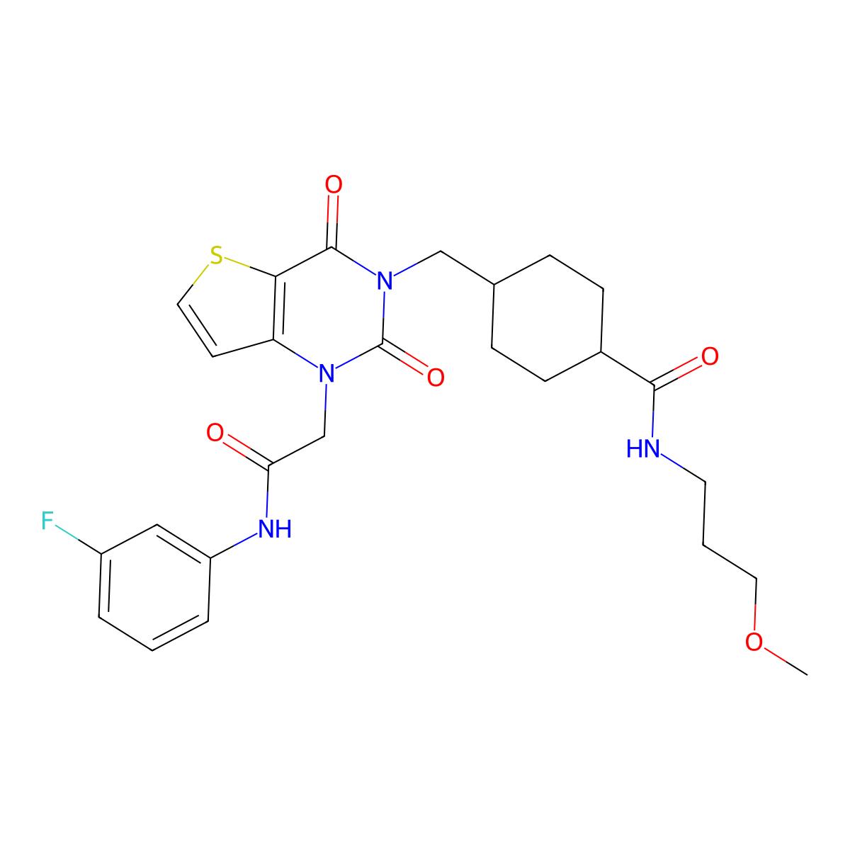 4-((1-(2-((3-fluorophenyl)amino)-2-oxoethyl)-2,4-dioxo-1,2-dihydrothieno[3,2-d]pyrimidin-3(4H)-yl)methyl)-N-(3-methoxypropyl)cyclohexanecarboxamide molecular structure, CAS 1029768-13-5