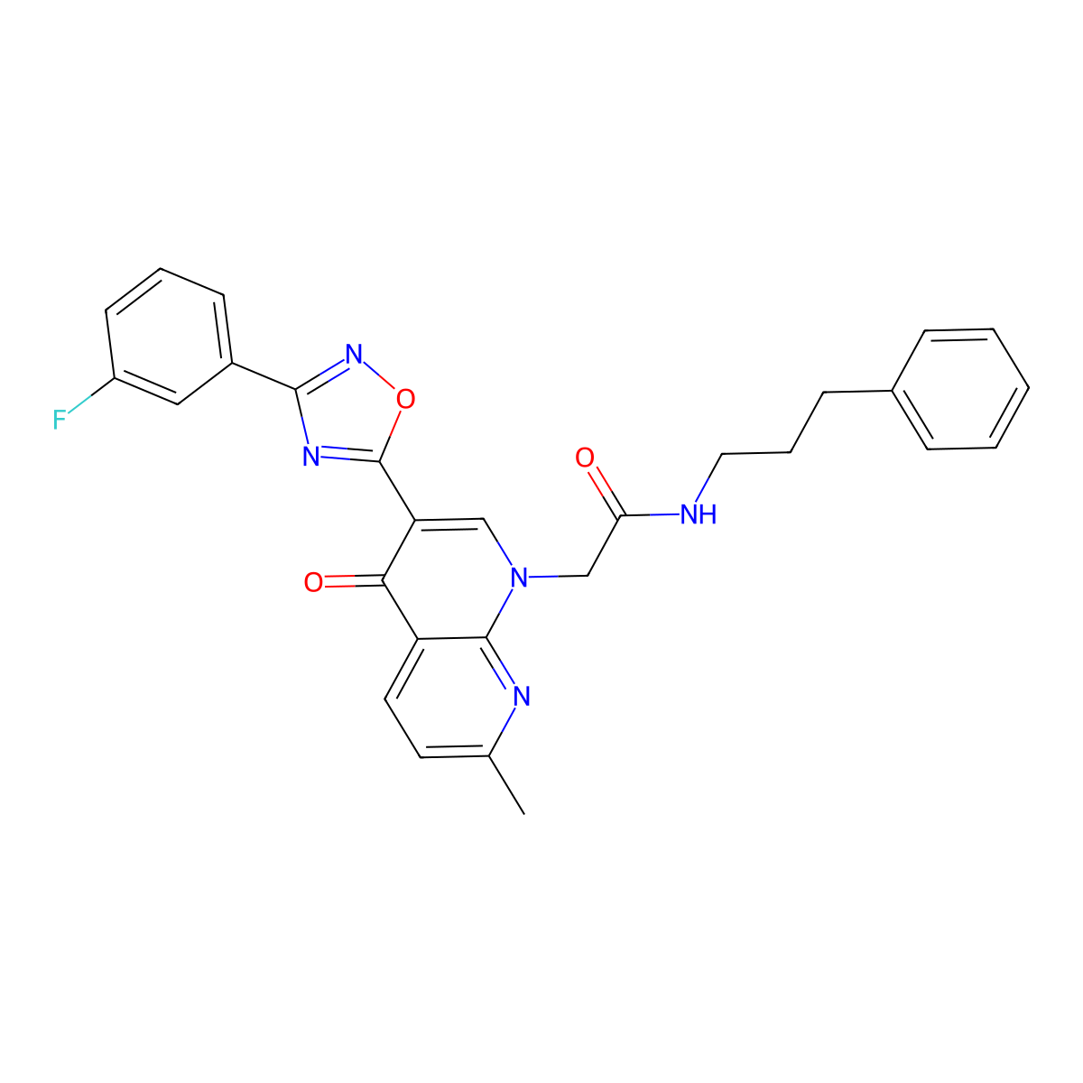 2-{3-[3-(3-fluorophenyl)-1,2,4-oxadiazol-5-yl]-7-methyl-4-oxo-1,4-dihydro-1,8-naphthyridin-1-yl}-N-(3-phenylpropyl)acetamide molecular structure, CAS 1029770-30-6
