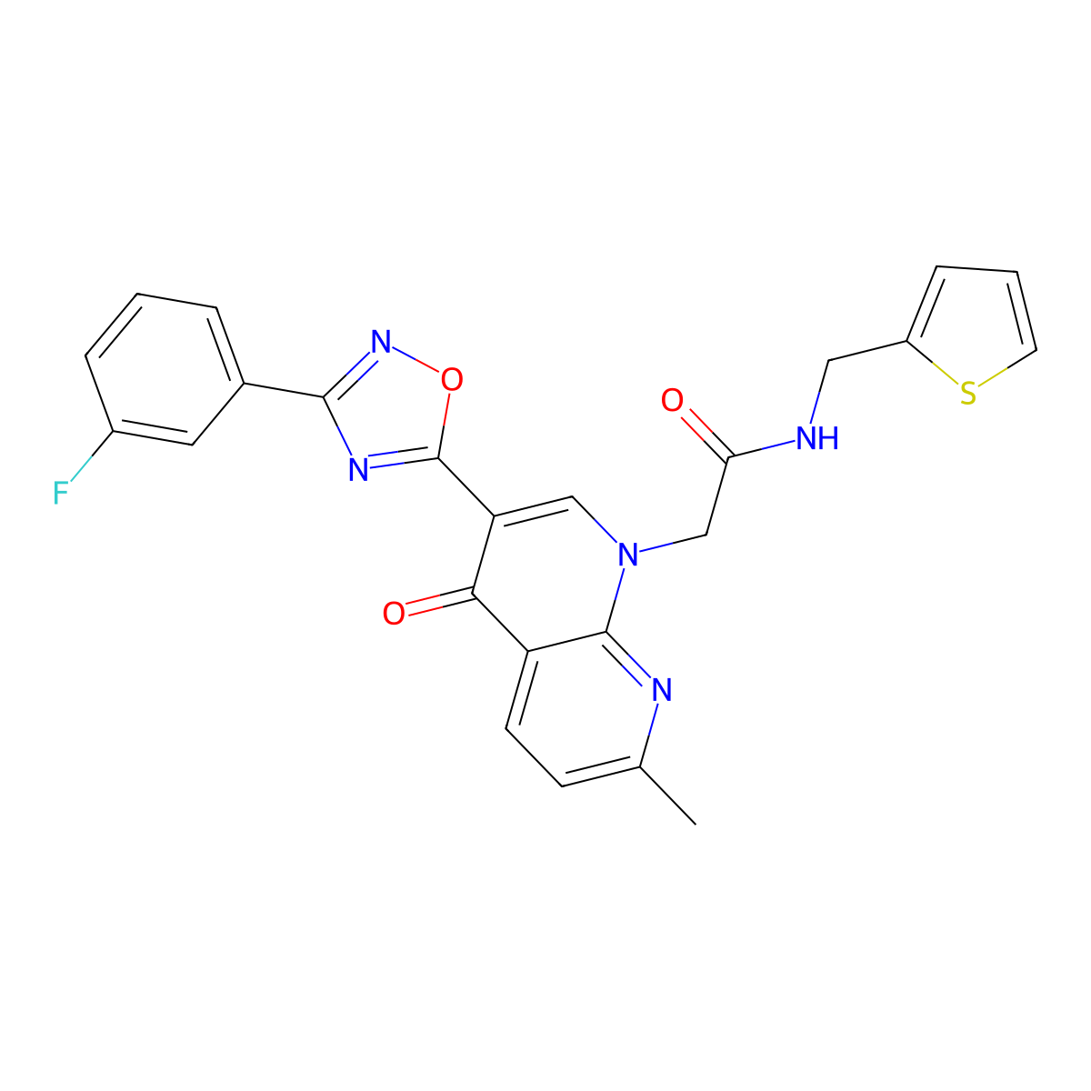 2-(3-(3-(3-fluorophenyl)-1,2,4-oxadiazol-5-yl)-7-methyl-4-oxo-1,8-naphthyridin-1(4H)-yl)-N-(thiophen-2-ylmethyl)acetamide molecular structure, CAS 1029770-32-8