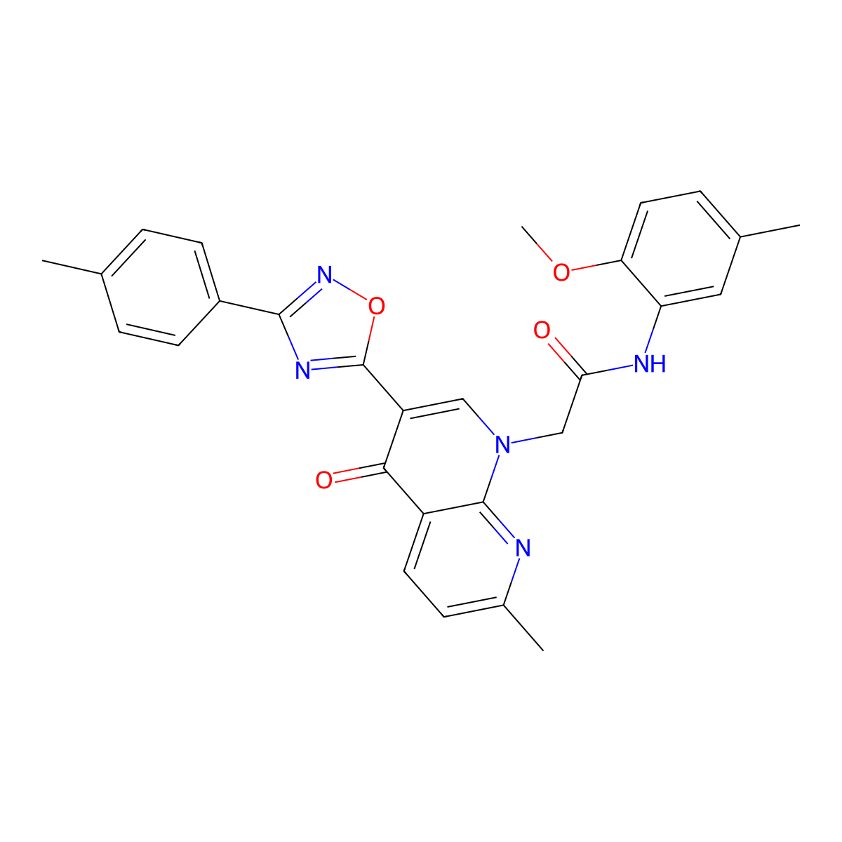 N-(2-methoxy-5-methylphenyl)-2-(7-methyl-4-oxo-3-(3-(p-tolyl)-1,2,4-oxadiazol-5-yl)-1,8-naphthyridin-1(4H)-yl)acetamide molecular structure, CAS 1029770-50-0