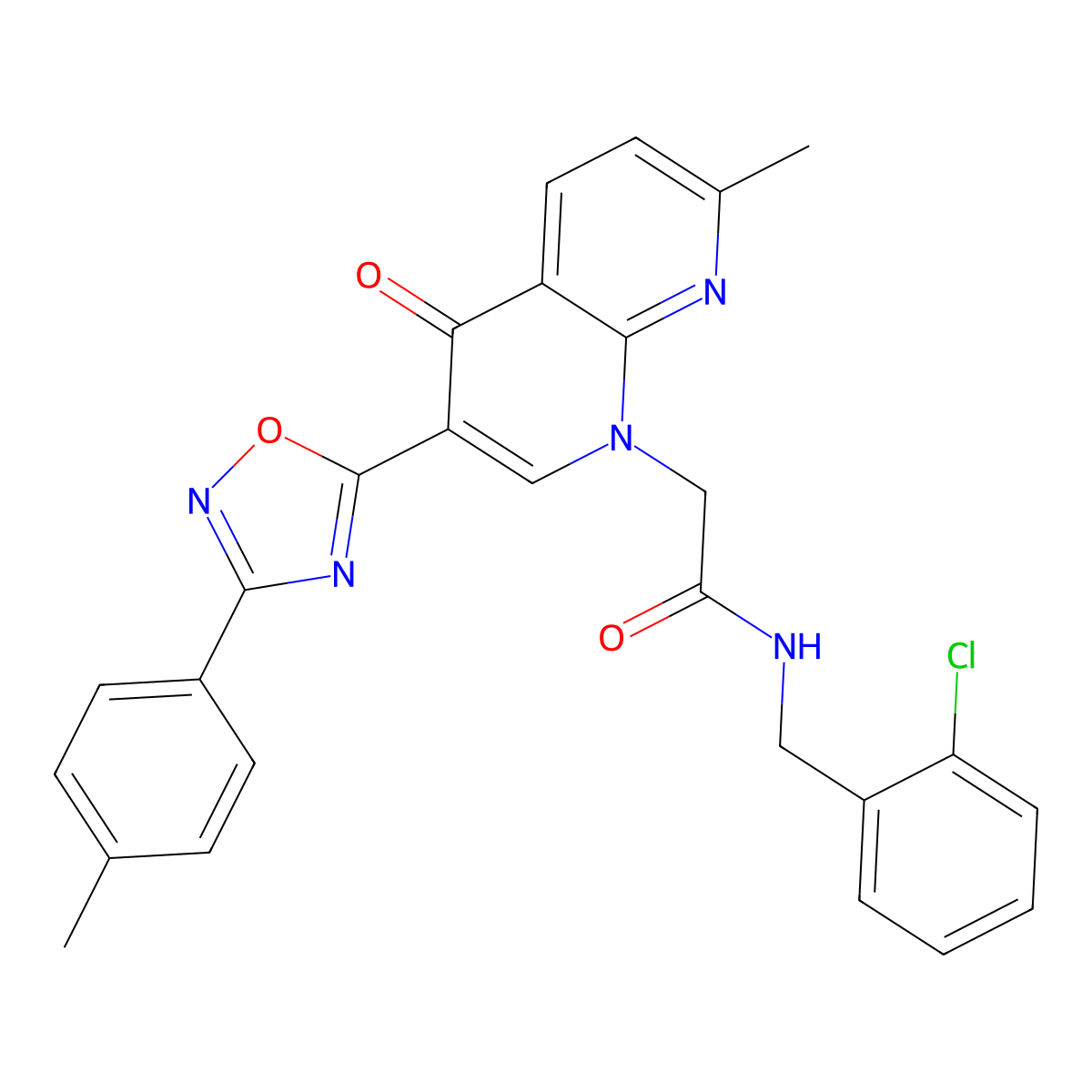 N-(2-chlorobenzyl)-2-(7-methyl-4-oxo-3-(3-(p-tolyl)-1,2,4-oxadiazol-5-yl)-1,8-naphthyridin-1(4H)-yl)acetamide molecular structure, CAS 1029770-59-9
