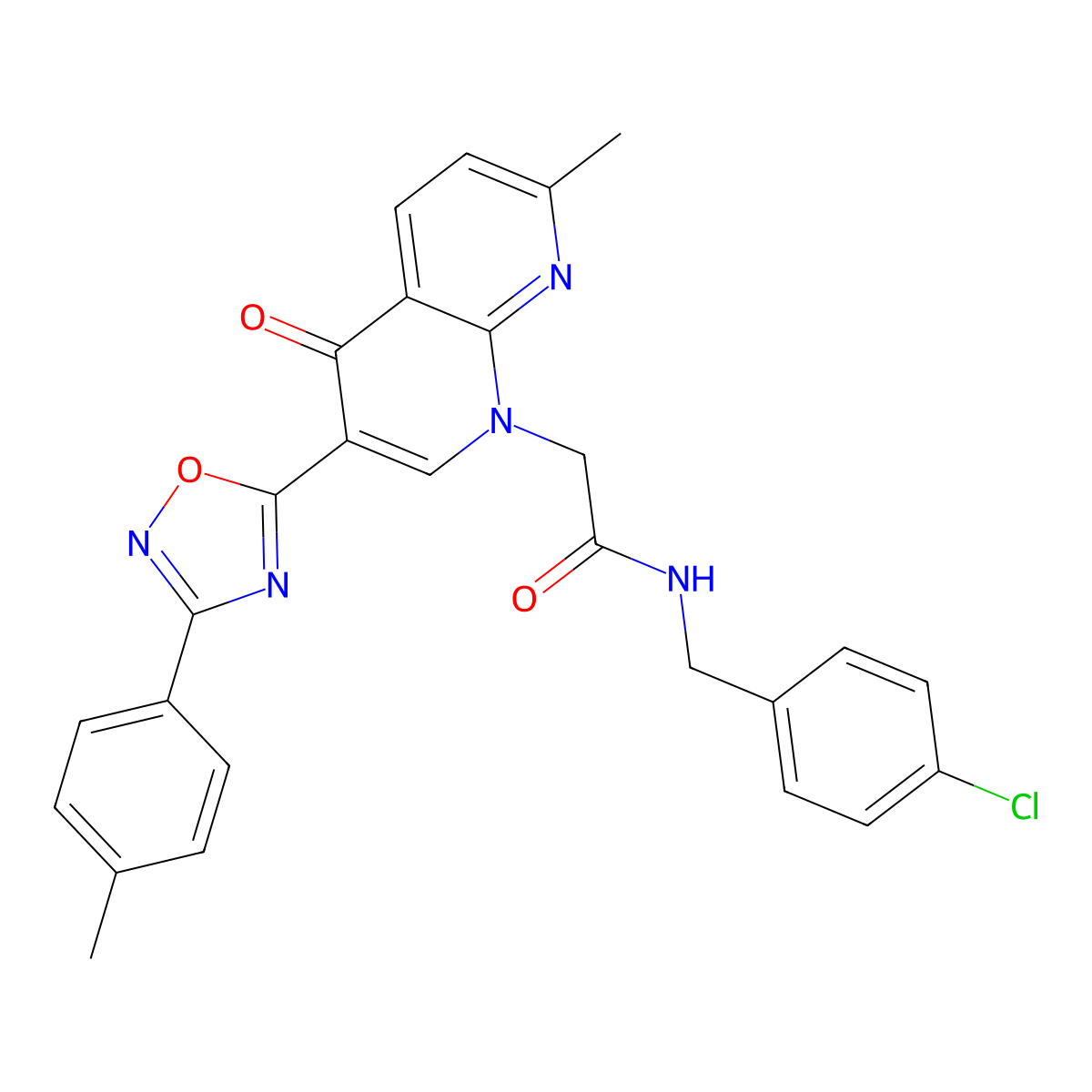 N-(4-chlorobenzyl)-2-(7-methyl-4-oxo-3-(3-(p-tolyl)-1,2,4-oxadiazol-5-yl)-1,8-naphthyridin-1(4H)-yl)acetamide molecular structure, CAS 1029770-62-4